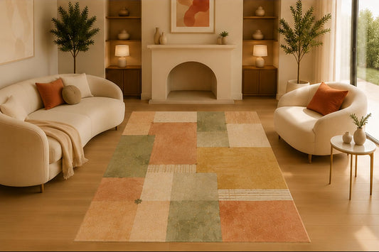 ICE ARMOR 5' x 7' Modern Color Block Patchwork Area Rug, Soft Low Pile Indoor Rug with Non-Slip Silicone Backing, Decorative Carpet for Living Room, Bedroom, Pastel