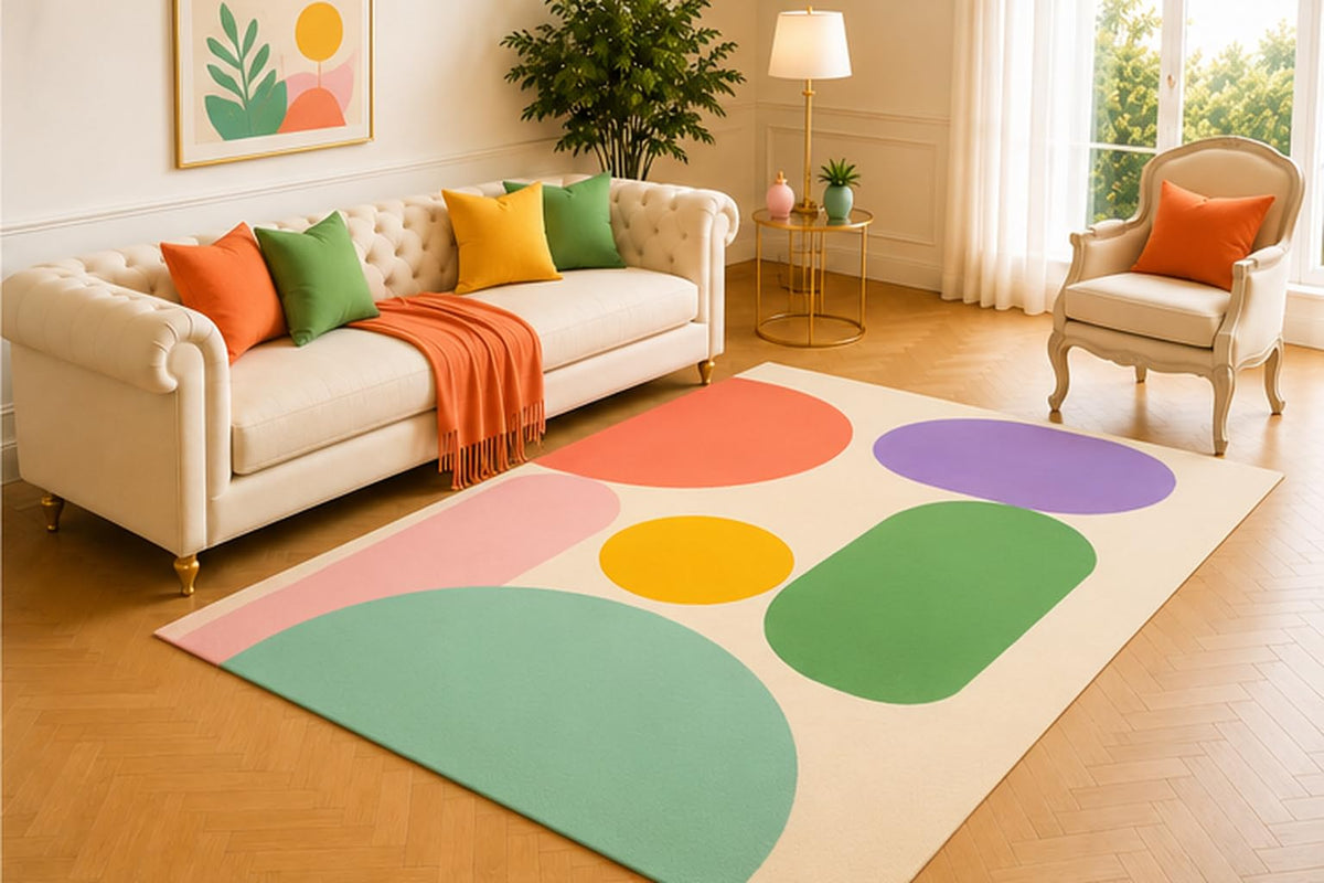 ICE ARMOR 5' x 7' Rounded Geometry Area Rug, Modern Abstract Shape Design in Coral Pink Purple Green Yellow and Cream, Soft Carpet for Living Room Bedroom Office
