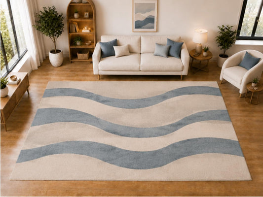 ICE ARMOR "Ultra Light Weight Large 6'7 x 9'10 Blue Wave Stripe Pattern Area Rug for Living Room Bedroom Dining Room Soft Low Pile Indoor Carpet Modern Minimalist Floor Decor