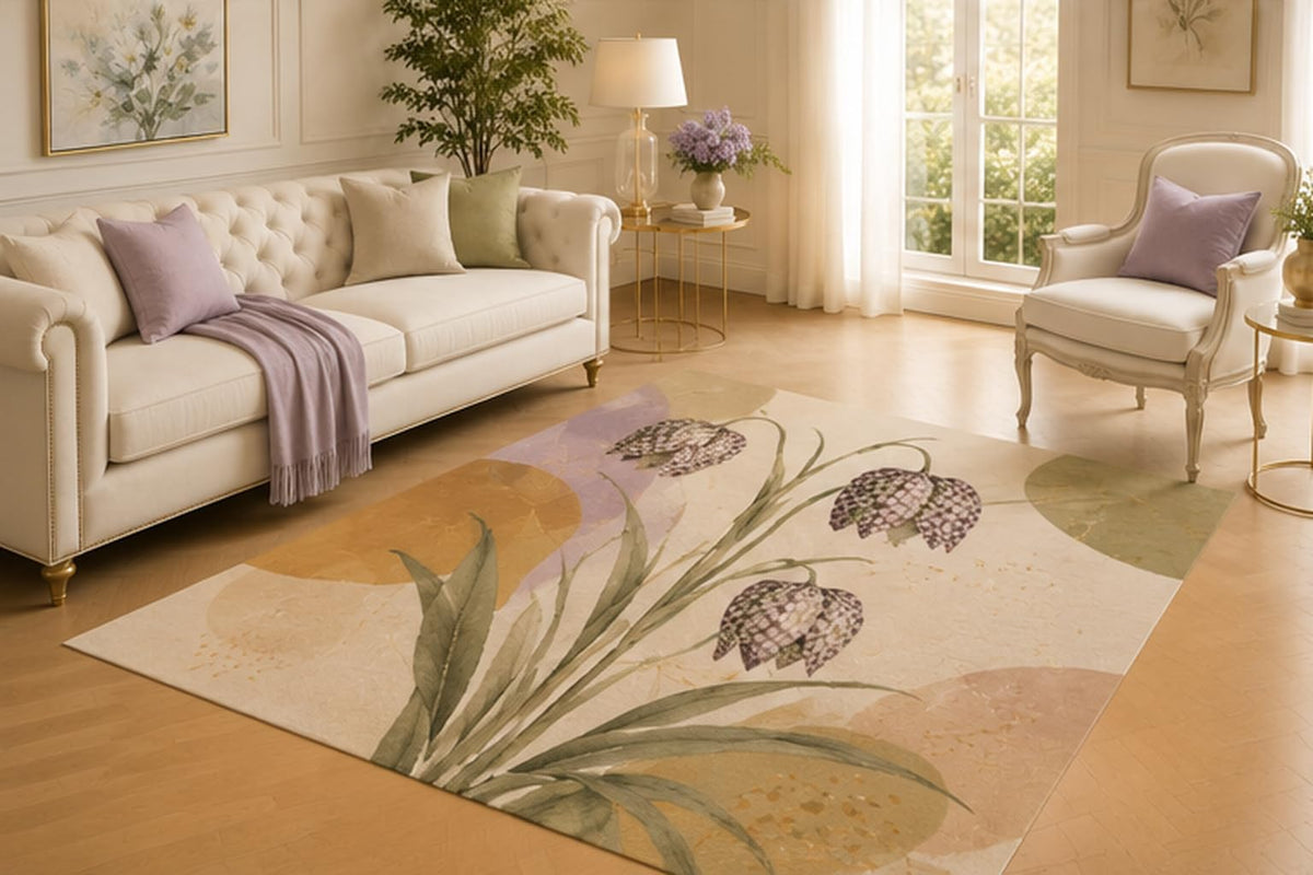 ICE ARMOR 5' x 7' Fritillaria Botanical Area Rug for Living Room, Soft Low Pile Indoor Carpet with Non-Slip Backing for Bedroom, Dining Room, Office, Lavender