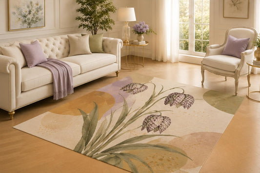 ICE ARMOR 5' x 7' Fritillaria Botanical Area Rug for Living Room, Soft Low Pile Indoor Carpet with Non-Slip Backing for Bedroom, Dining Room, Office, Lavender