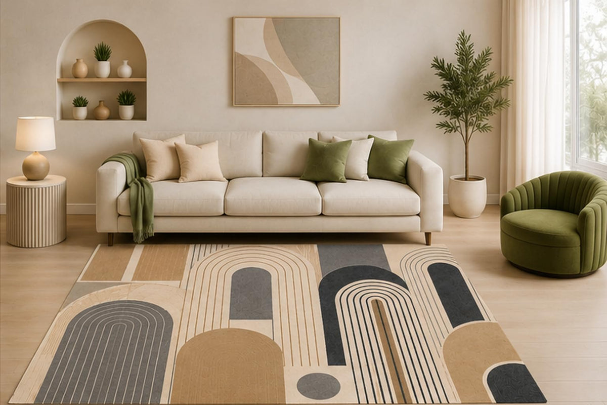 ICE ARMOR 5' x 7' Modern Arch Area Rug, Neutral Beige Gray Minimalist Geometric Design for Living Room Bedroom Office, Non-Slip Silicone Backing, Low Pile Carpet