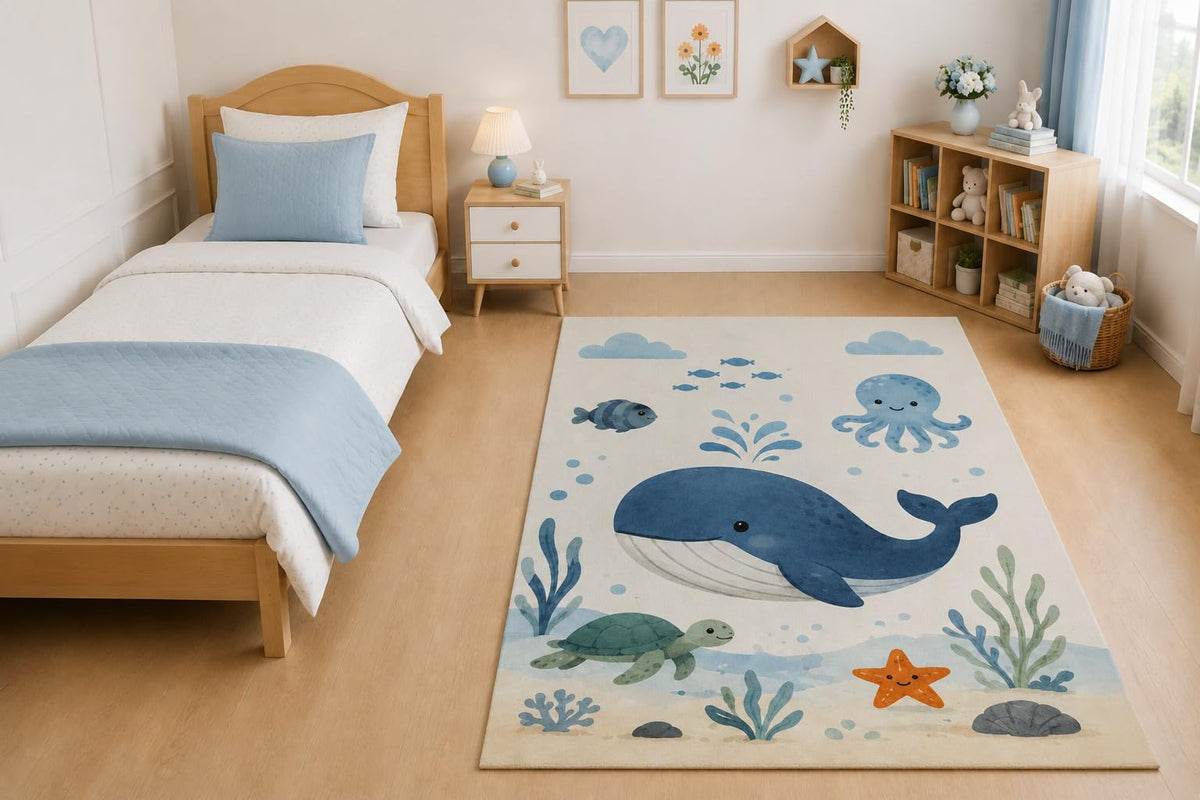 ICE ARMOR "Ultra Light Weight 5' x 7' Ocean Whale Friends Area Rug for Living Room, Bedroom and Home Office, Soft Low Pile Carpet with Non-Slip Silicone Backing, Blue and Beige