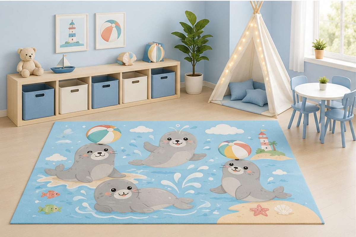 ICE ARMOR 5' x 7' Baby Seal Ocean Area Rug for Kids Playroom Nursery Bedroom, Cute Seals Beach Balls Lighthouse Coastal Sea Life Cartoon Decor, Non-Slip Silicone Backing Low Pile
