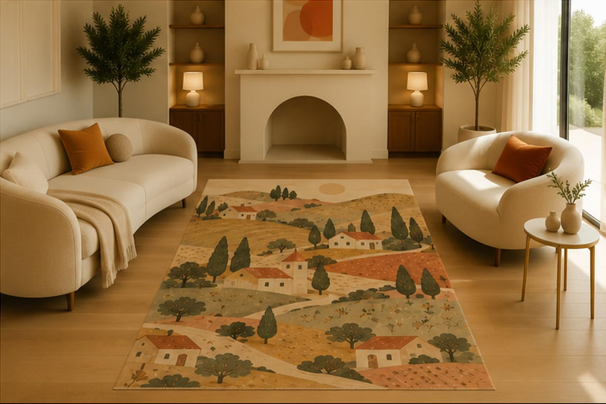 ICE ARMOR 5' x 7' Mediterranean Village Area Rug for Living Room, Soft Low Pile Indoor Rug with Non-Slip Silicone Backing, Decorative Carpet for Bedroom, Office & Farmhouse Decor, Beige