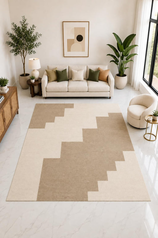 ICE ARMOR "Ultra Light Weight Large 6'7" x 9'10" Geometric Step Block Rug, Soft Low Pile Indoor Rug, Non-Slip Silicone Backing Living Room Beige