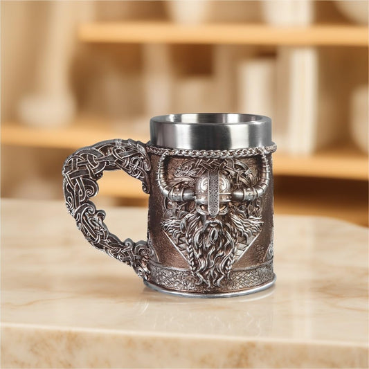 ICE ARMOR 6.5"W Viking Warrior Horned Helmet Handle Stainless Steel/Resin Beer Mug Tankard – Vintage Drinkware Cup for Beer, Coffee, Juice, Ale & Beverages, Rustic Barware (Wash by hand only)