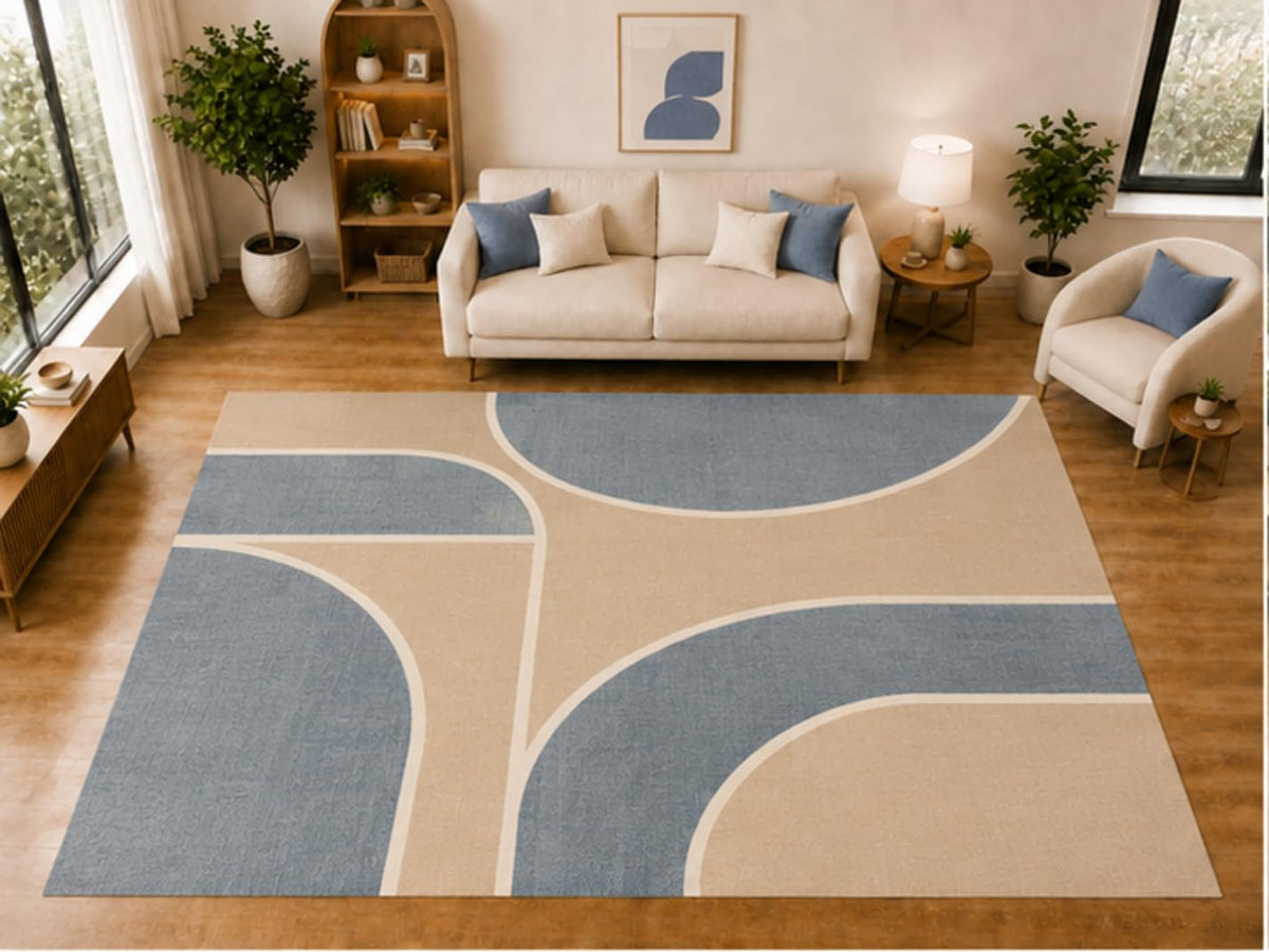 ICE ARMOR "Ultra Light Weight Large 6'7 x 9'10 Blue Rounded Block Pattern Area Rug for Living Room Bedroom Dining Room Soft Low Pile Indoor Carpet Modern Geometric Floor Decor