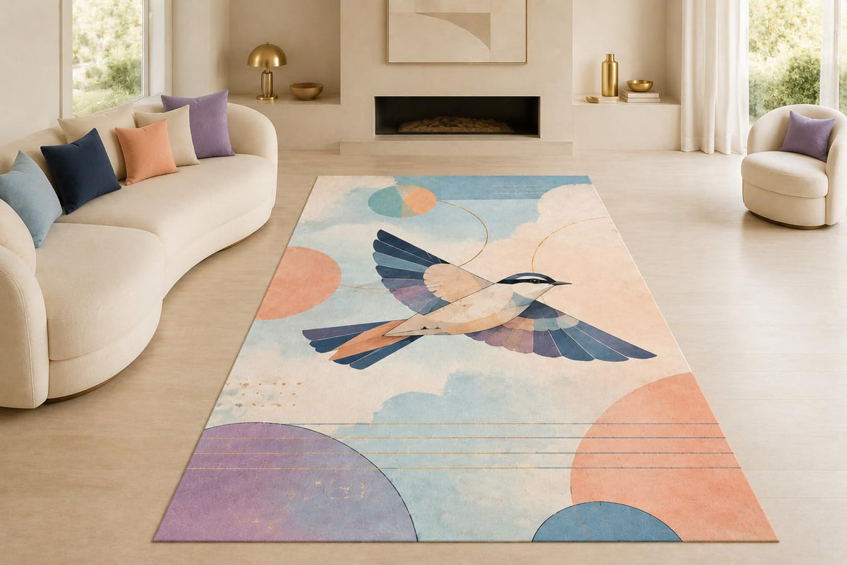 ICE ARMOR "Ultra Lightweight Large 6'7" x 9'10" Flying Geometric Bird Area Rug for Living Room, Bedroom and Home Office, Soft Low Pile Carpet with Non-Slip Silicone Backing, Blue and Peach