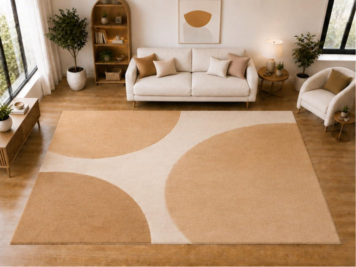 ICE ARMOR "Ultra Light Weight Large 6'7 x 9'10 Beige Rounded Shape Pattern Area Rug for Living Room Bedroom Dining Room Soft Low Pile Indoor Carpet Modern Neutral Floor Decor