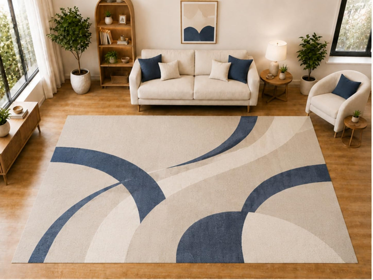 ICE ARMOR "Ultra Light Weight Large 6'7 x 9'10 Navy Sweeping Curve Pattern Area Rug for Living Room Bedroom Dining Room Soft Low Pile Indoor Carpet Modern Geometric Floor Decor