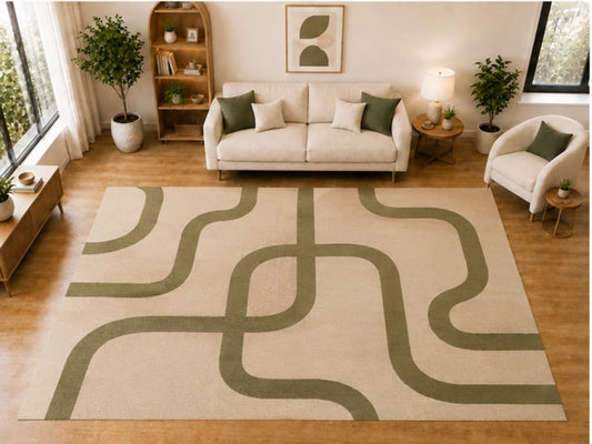 ICE ARMOR "Ultra Light Weight Large 6'7 x 9'10 Sage Interlocking Curve Pattern Area Rug for Living Room Bedroom Dining Room Soft Low Pile Indoor Carpet Modern Minimalist Floor Decor