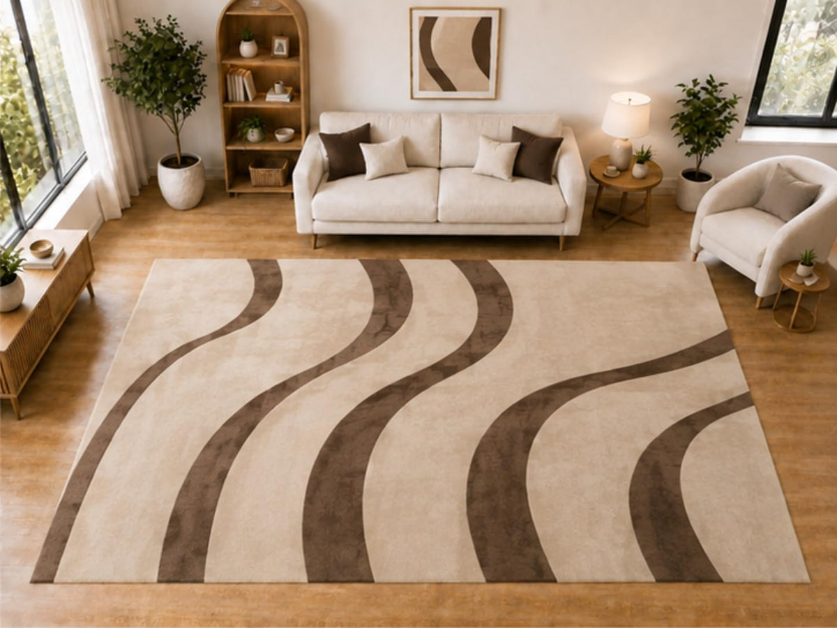 ICE ARMOR "Ultra Light Weight Large 6'7 x 9'10 Brown Flowing Wave Pattern Area Rug for Living Room Bedroom Dining Room Soft Low Pile Indoor Carpet Modern Geometric Floor Decor