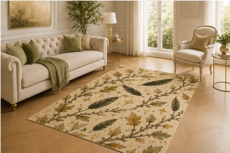 ICE ARMOR 5' x 7' Feather Oak Leaf Rug, Autumn Branch Star Pattern, Smooth Printed Floor Cover for Living Room, Hallway, Office and Rustic Seasonal Decor
