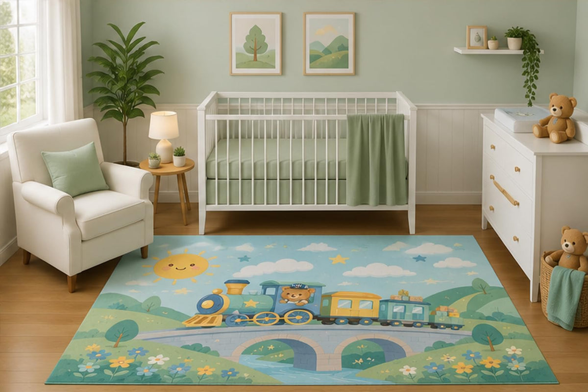 ICE ARMOR 5' x 7' Teddy Bear Train Area Rug for Nursery Room, Cute Woodland Railway Landscape and Sunshine Design for Baby Boy Bedroom Decor, Non-Slip Silicone Backing Low Pile