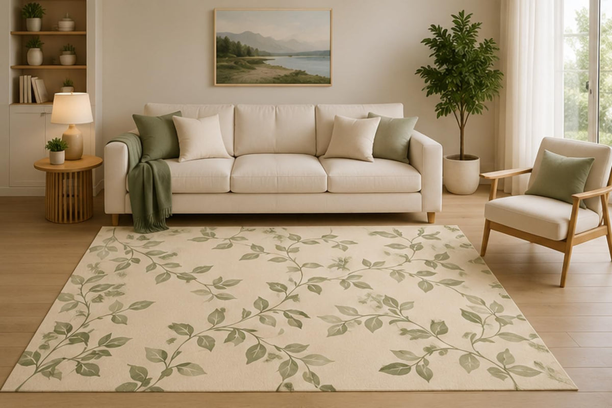 ICE ARMOR 5' x 7' Minimal Botanical Area Rug, Sage Green Leaf Vine Nature Design for Living Room Bedroom Dining Room, Non-Slip Silicone Backing, Low Pile Carpet