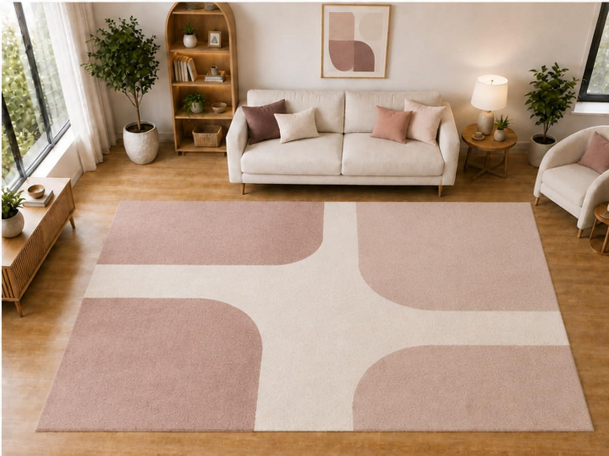 ICE ARMOR "Ultra Light Weight Large 6'7 x 9'10 Blush Rounded Block Pattern Area Rug for Living Room Bedroom Dining Room Soft Low Pile Indoor Carpet Modern Geometric Floor Decor