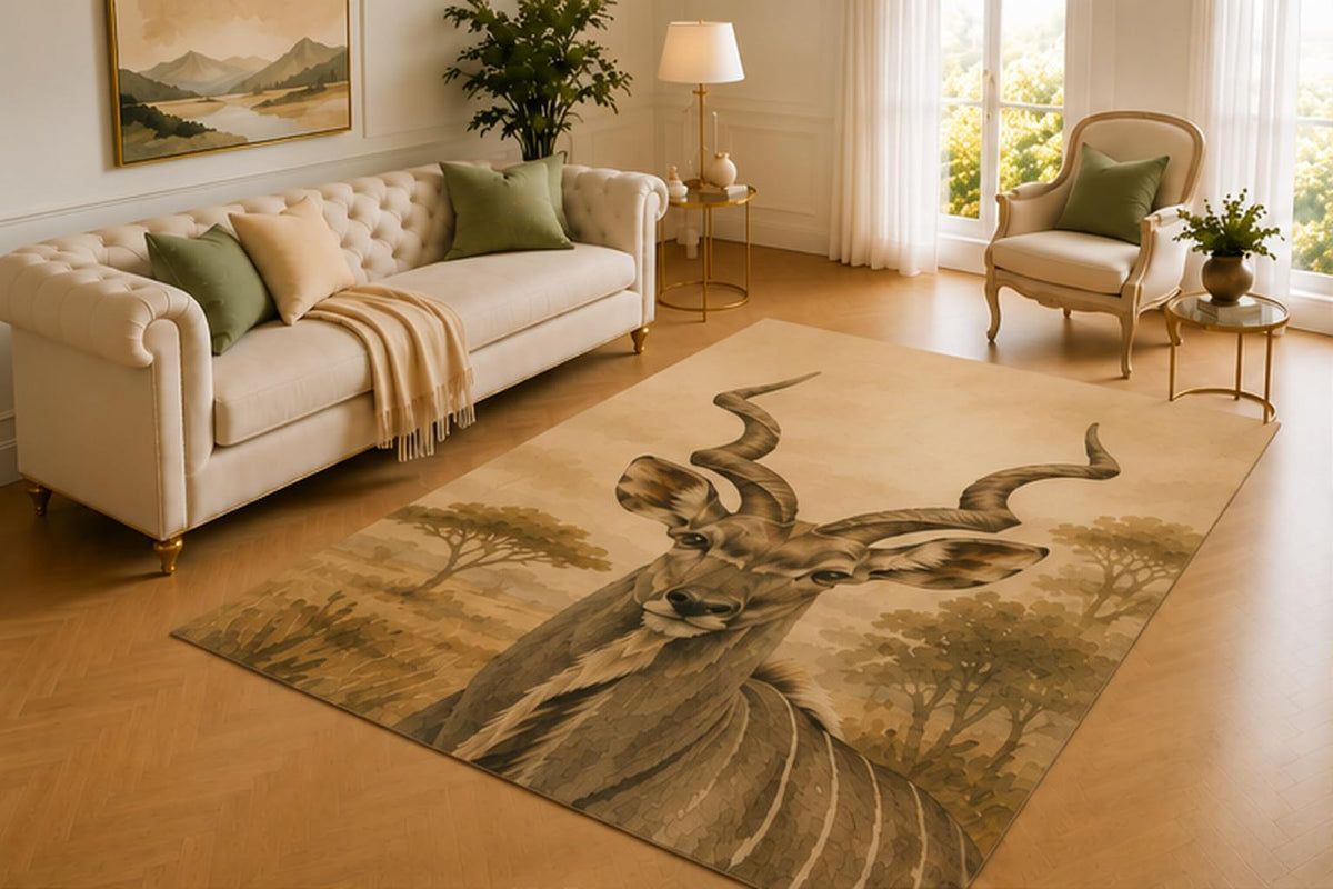 ICE ARMOR 5' x 7' Kudu Antelope Rug, Spiral Horn African Wildlife Artwork, Smooth Printed Floor Cover for Living Room, Office, Bedroom and Safari Decor