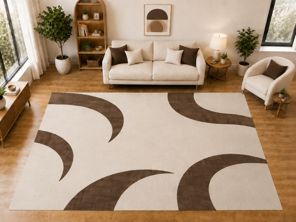 ICE ARMOR "Ultra Light Weight Large 6'7 x 9'10 Brown Curved Corner Pattern Area Rug for Living Room Bedroom Dining Room Soft Low Pile Indoor Carpet Modern Geometric Floor Decor