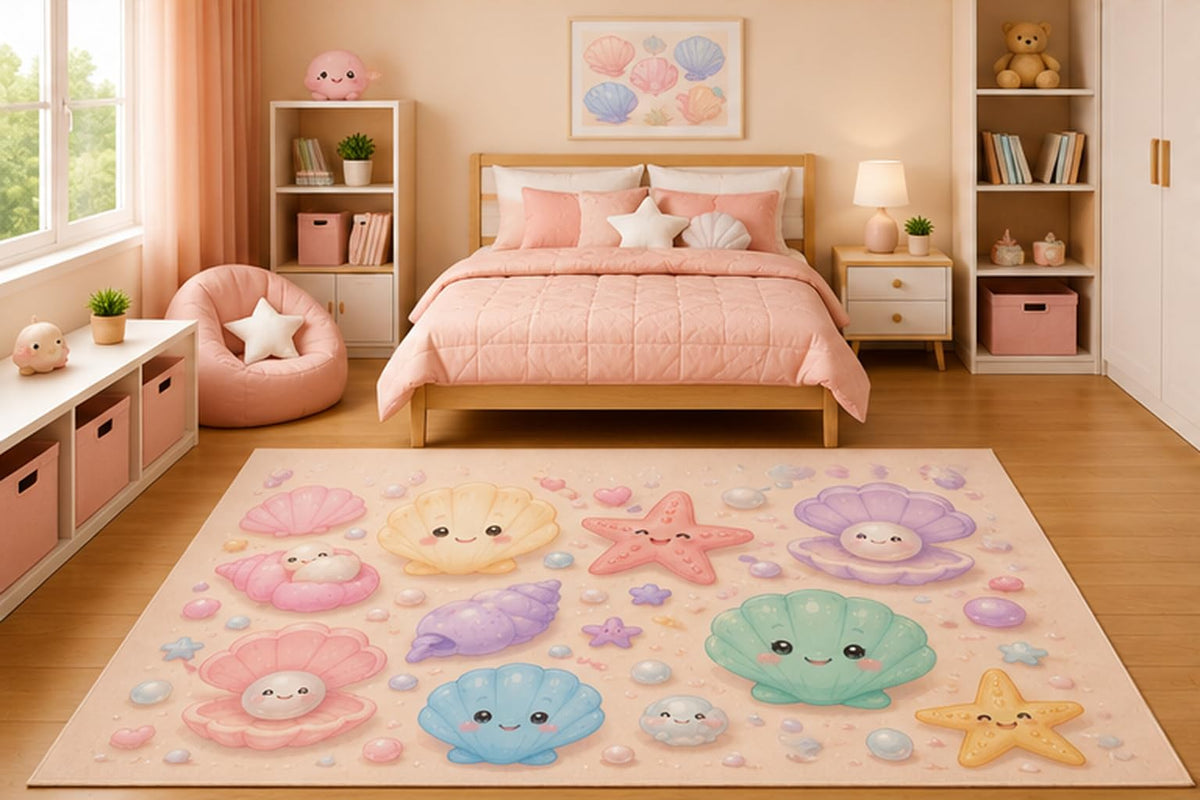 ICE ARMOR 5' x 7' Cute Smiling Seashells and Starfish Area Rug for Girls Bedroom Nursery Playroom Scandinavian Minimalist Coastal Ocean Beach Decor Non-Slip Silicone Backing Low Pile