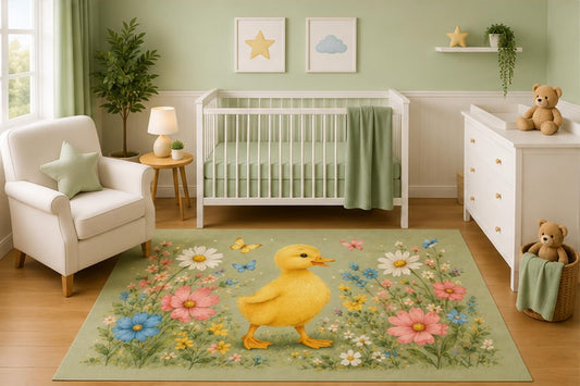 ICE ARMOR 5' x 7' Watercolor Baby Duck Wildflower Meadow Nursery Area Rug, Botanical Garden Kids Bedroom Playroom Decor Carpet, Non-Slip Silicone Backing Low Pile