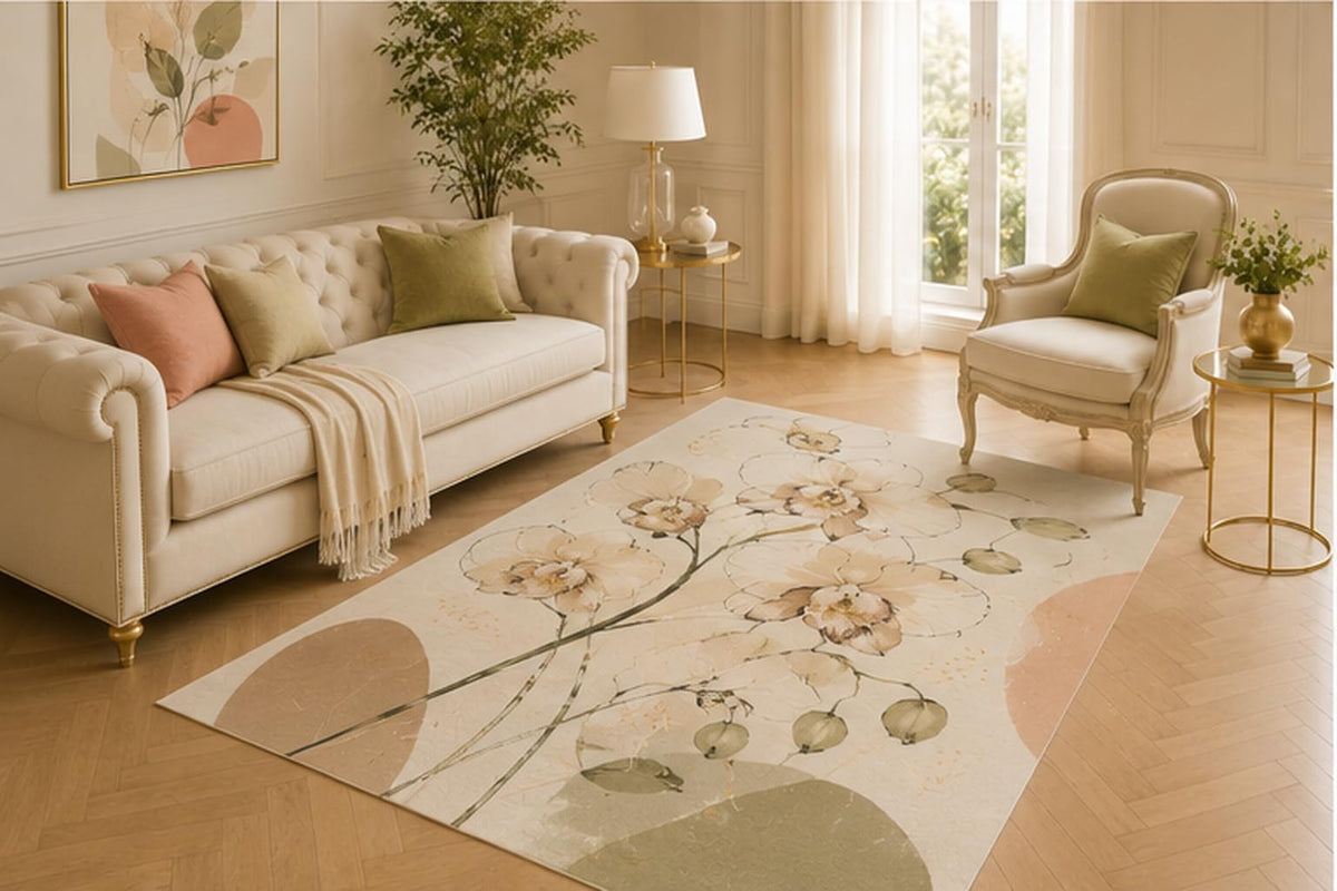 ICE ARMOR 5' x 7' Minimal Orchid Botanical Area Rug for Living Room, Soft Low Pile Indoor Carpet with Non-Slip Backing for Bedroom, Dining Room, Office, Cream