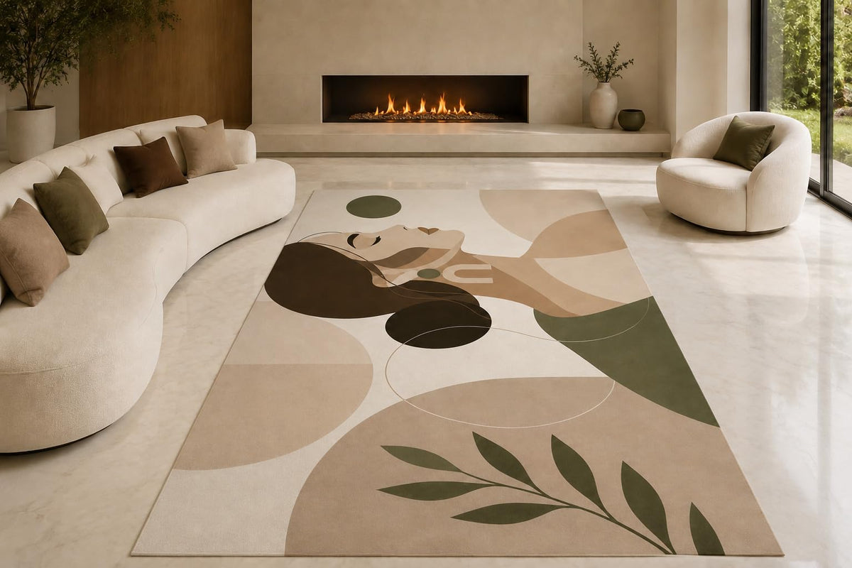 ICE ARMOR "Ultra Lightweight Large 6'7" x 9'10" Botanical Shapes Area Rug for Living Room, Bedroom and Home Office, Soft Low Pile Carpet with Non-Slip Silicone Backing, Beige and Olive