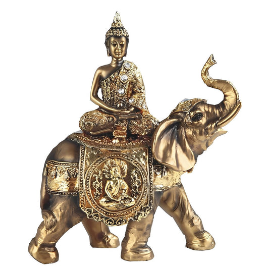 ICE ARMOR 9.5" H Brass Color Thai Buddha Meditation on Elephant Statue Feng Shui Decoration Religious Figurine
