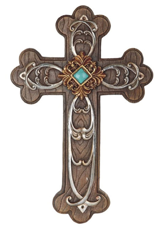 ICE ARMOR 13.5"H Decorative Wall Cross with Turquoise Religious Statue Home Decoration Figurine