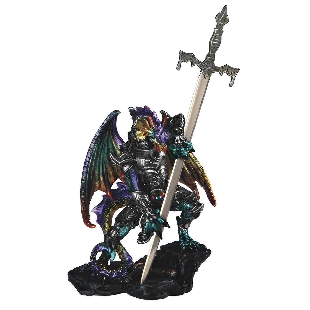 ICE ARMOR 5" H Blue and Green Dragon with Armor and Sword Statue Fantasy Decoration Figurine
