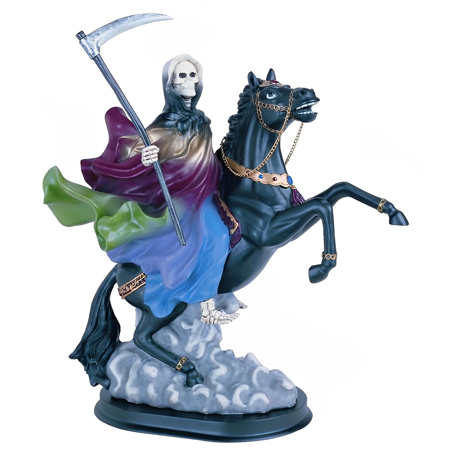 ICE ARMOR 12" H RainbowSanta Muerte Riding Black Horse Statue Our Lady of The Holy Death Figurine Religious Decoration