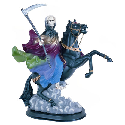 ICE ARMOR 12" H RainbowSanta Muerte Riding Black Horse Statue Our Lady of The Holy Death Figurine Religious Decoration