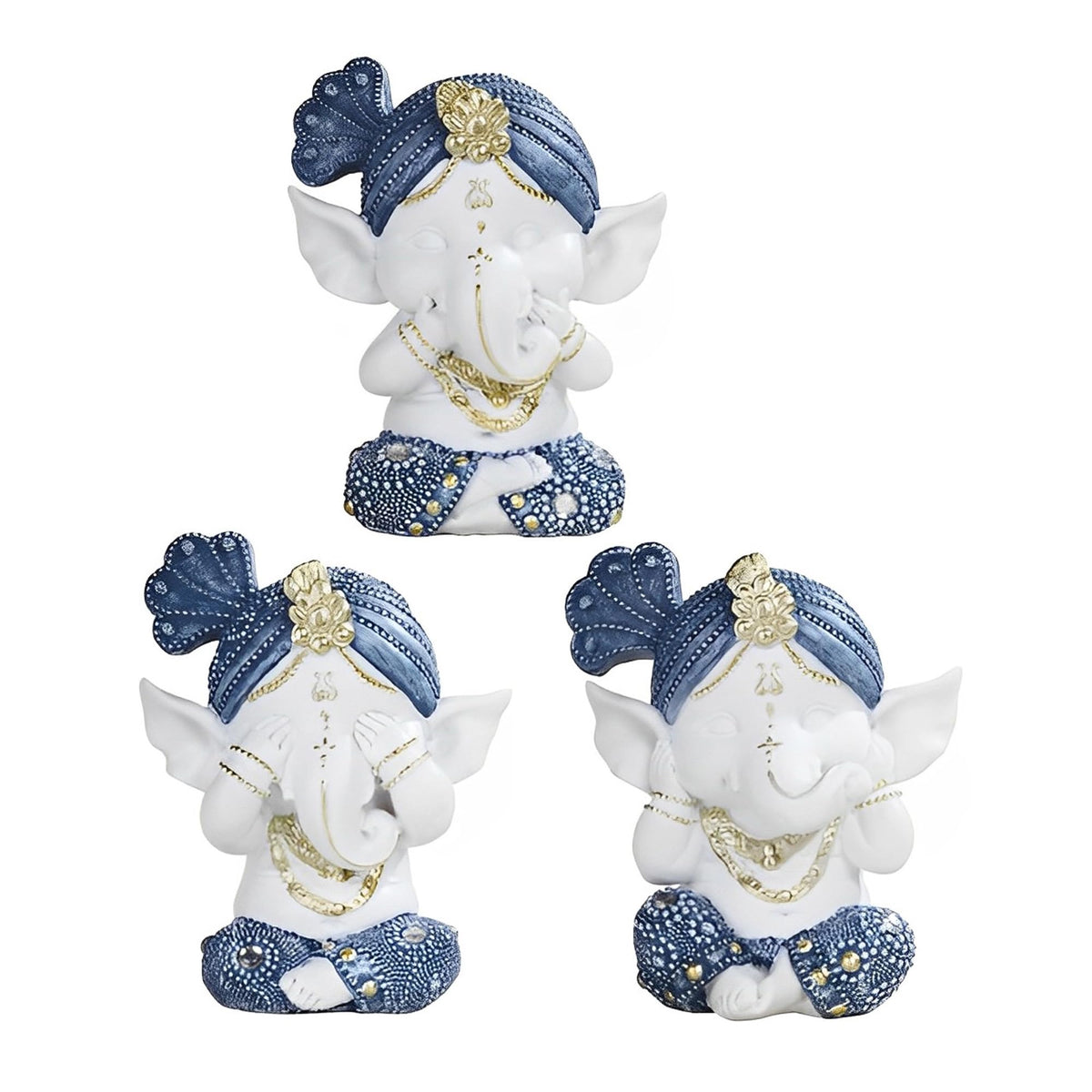 ICE ARMOR 3-PC Blue and White Ganesh Hear-No, See-No, Speak-No Evil 4.25" H Statue Decoration Figurine Set
