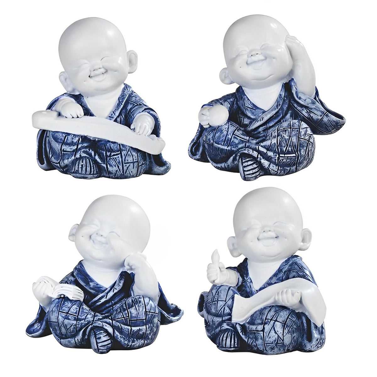 ICE ARMOR 4-PC Blue and White Miniature Little Monk in Different Poses 3.25" H Feng Shui Statue Decoration Figurine Set