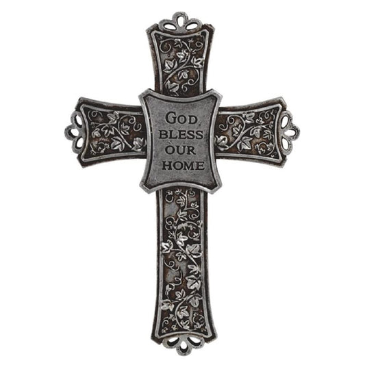 ICE ARMOR 7.5"H God Bless Our Home Decorative Cross in Silver Wall Plaque Holy Statue Religious Decoration Figurine