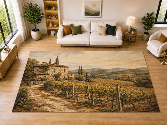 ICE ARMOR "Ultra Light Weight Large 6'7" x 9'10" Tuscan Vineyard Area Rug for Dining, Living Room, Bedroom, Soft Low Pile Indoor Rug with Non-Slip Silicone Backing, Olive Brown