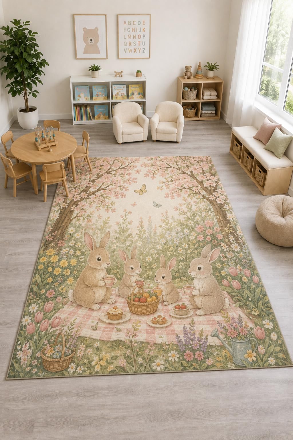 ICE ARMOR "Ultra Light Weight Large 6'7" x 9'10" Bunny Garden Picnic Rug, Soft Low Pile Indoor Rug, Non-Slip Silicone Backing Nursery Kids Pink