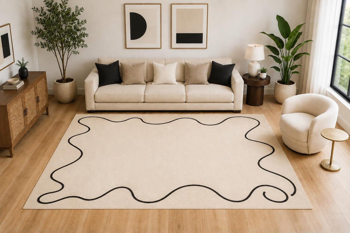 ICE ARMOR Large 6'7" x 9'10" Abstract Wavy Border Area Rug for for Bedroom, Living Room, Soft Low Pile Indoor Rug with Non-Slip Silicone Backing, Ivory Black