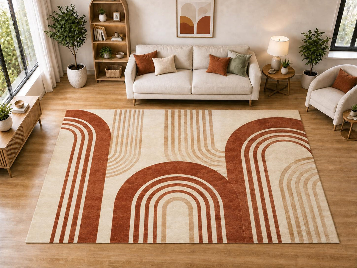 ICE ARMOR "Ultra Light Weight Large 6'7 x 9'10 Terracotta Layered Arch Pattern Area Rug for Living Room Bedroom Dining Room Soft Low Pile Indoor Carpet Modern Geometric Floor Decor
