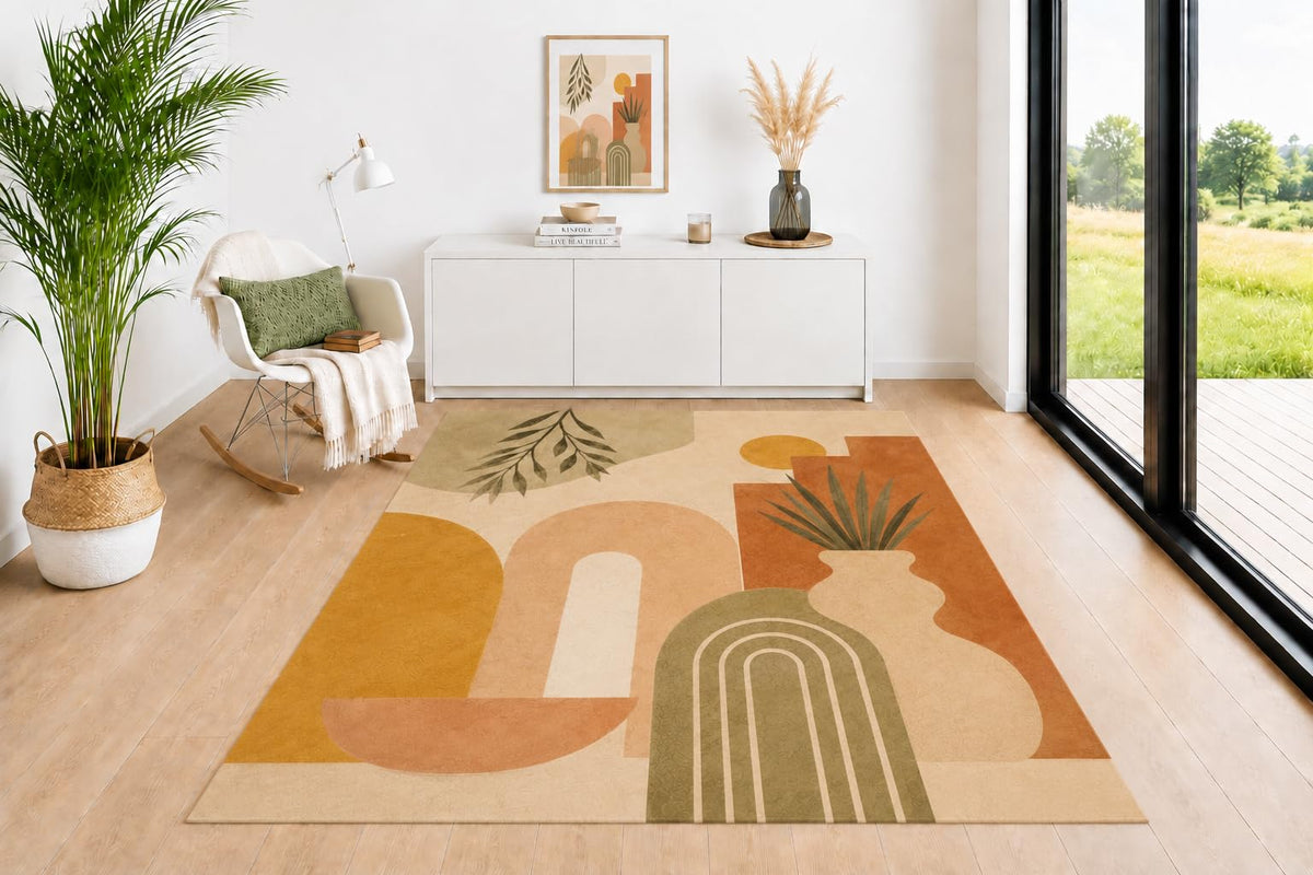 ICE ARMOR 5' x 7' Botanical Arch Area Rug, Rainbow Leaf Pattern in Sage Green Mustard Terracotta Beige, Neutral Floor Carpet for Living Room Bedroom Dining Room