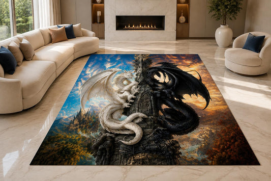 ICE ARMOR "Ultra Lightweight Large 6'7" x 9'10" Yin Yang Dragons Area Rug for Living Room, Bedroom and Home Office, Soft Low Pile Carpet with Non-Slip Silicone Backing, Black and White