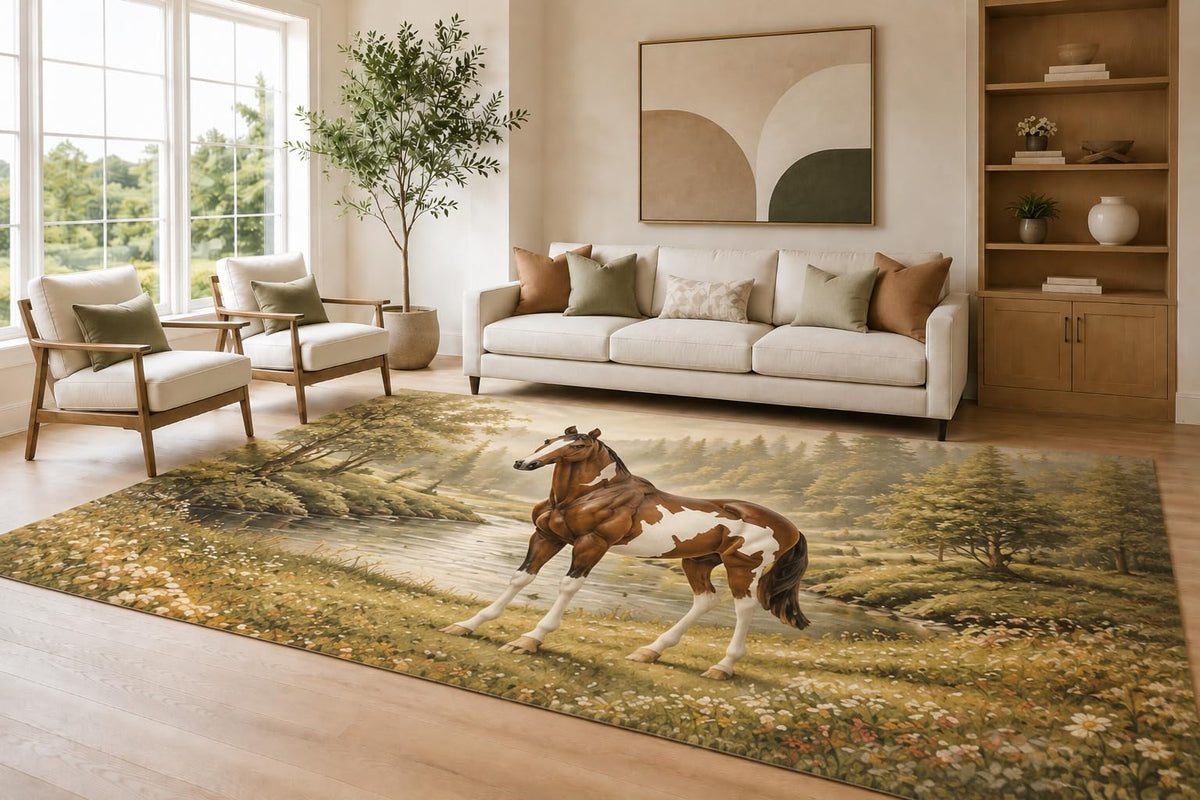 ICE ARMOR Large 6'7" x 9'10" Sage and Cream River Horse Area Rug for Living Room, Soft Low Pile Carpet with Non-Slip Silicone Backing, Decor for Bedroom Dining Room and Home Office