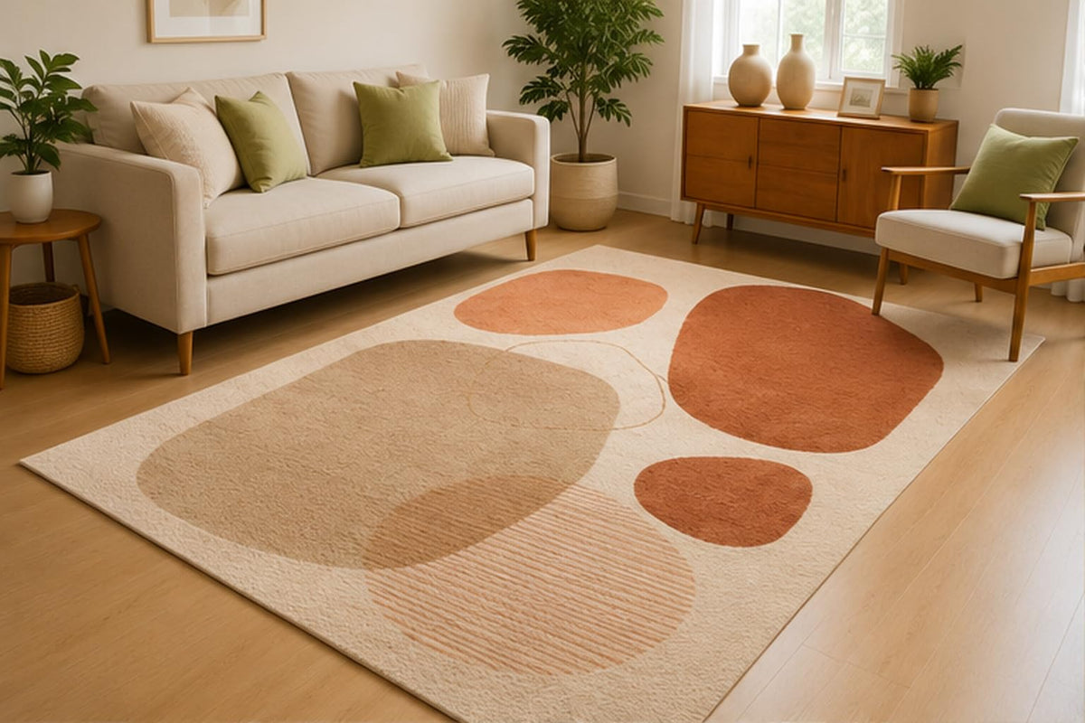 ICE ARMOR 5' x 7' Earth Tone Abstract Pebble Area Rug for Living Room, Soft Low Pile Indoor Rug with Non-Slip Silicone Backing, Modern Carpet for Bedroom, Dining Room, Office, Terracotta Beige