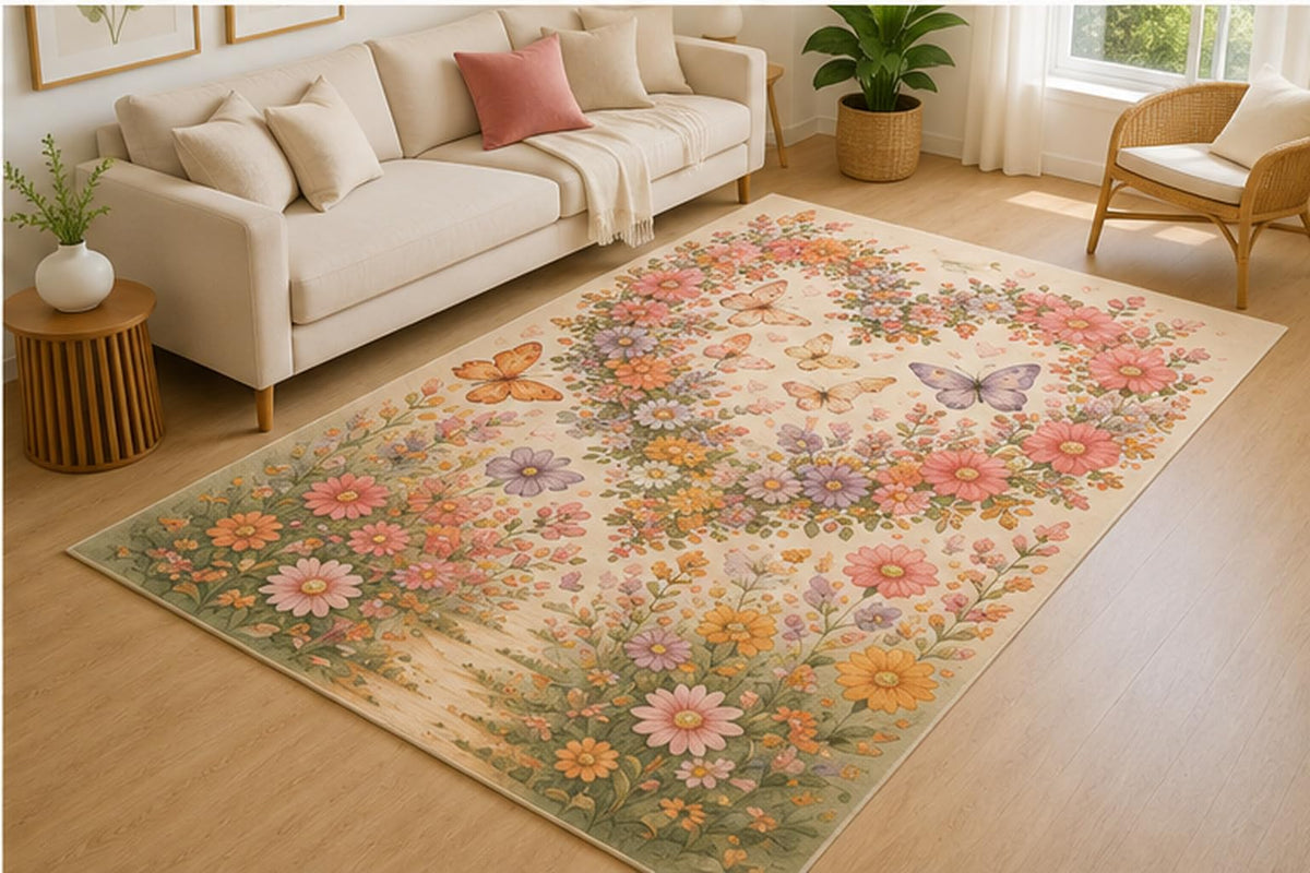 ICE ARMOR 5' x 7' Butterfly Floral Heart Wreath Area Rug for Living Room, Soft Low Pile Indoor Rug with Non-Slip Silicone Backing, Decorative Carpet for Bedroom, Nursery, Kids Room, Kids & Pets