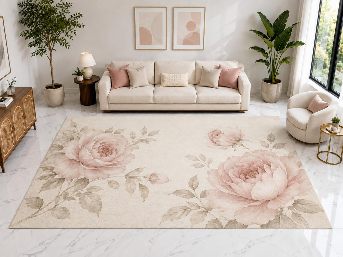 ICE ARMOR "Ultra Light Weight Large 6'7" x 9'10" Peony Floral Rug, Soft Low Pile Indoor Rug, Non-Slip Silicone Backing for Living Room Pink Cream