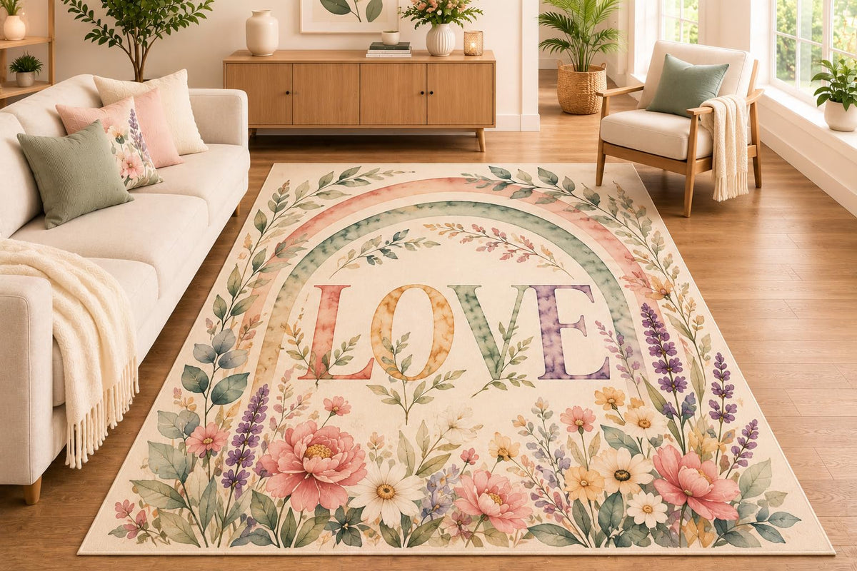 ICE ARMOR 5' x 7' Rainbow Wildflower Love Area Rug, Soft Low Pile Indoor Rug with Non-Slip Silicone Backing for Living Room, Bedroom, Nursery, Kids Room, Kids & Pets, Cream Pink Lavender