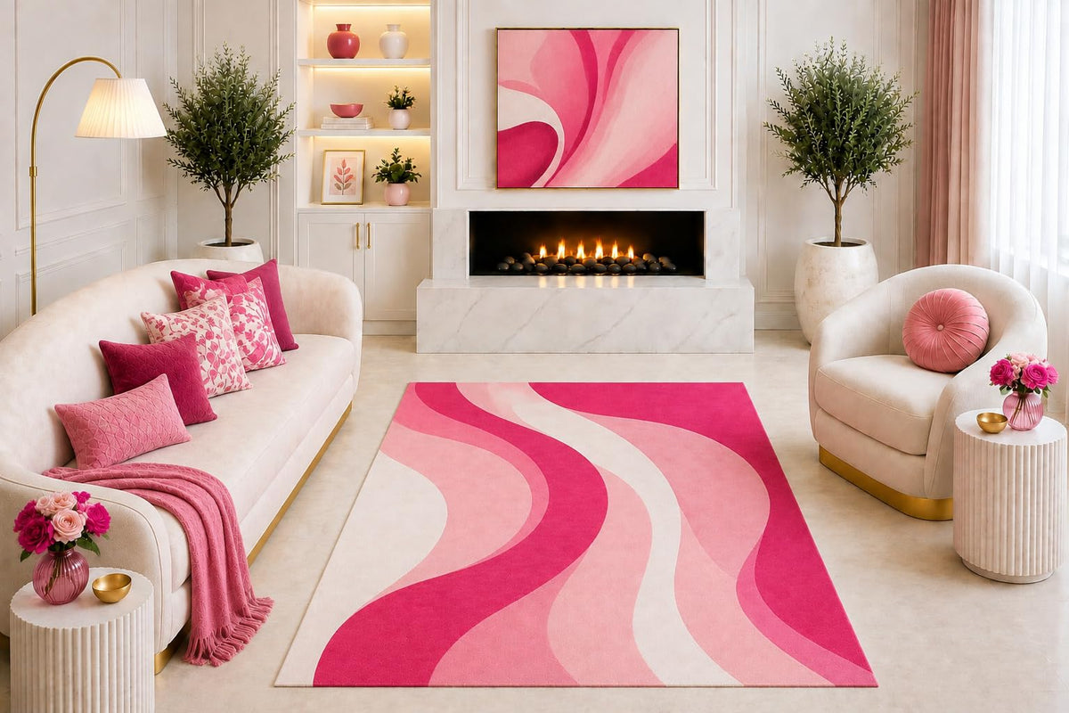 ICE ARMOR "Ultra Light Weight 5' x 7' Hot Pink Abstract Wave Area Rug, Modern Retro Curved Geometric Rug for Living Room Bedroom Dorm Room, Non-Slip Silicone Backing Low Pile