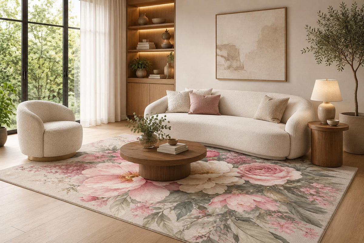 ICE ARMOR 6'7" x 9'10" Blush Pink, Cream and Sage Romantic Rose Garden Area Rug for Living Room, Soft Low Pile Carpet with Non-Slip Backing for Bedroom, Dining Room and Home Office