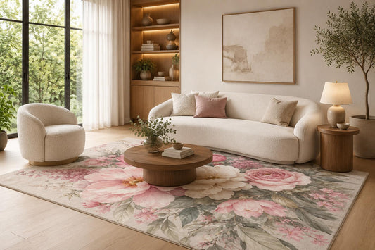 ICE ARMOR 6'7" x 9'10" Blush Pink, Cream and Sage Romantic Rose Garden Area Rug for Living Room, Soft Low Pile Carpet with Non-Slip Backing for Bedroom, Dining Room and Home Office