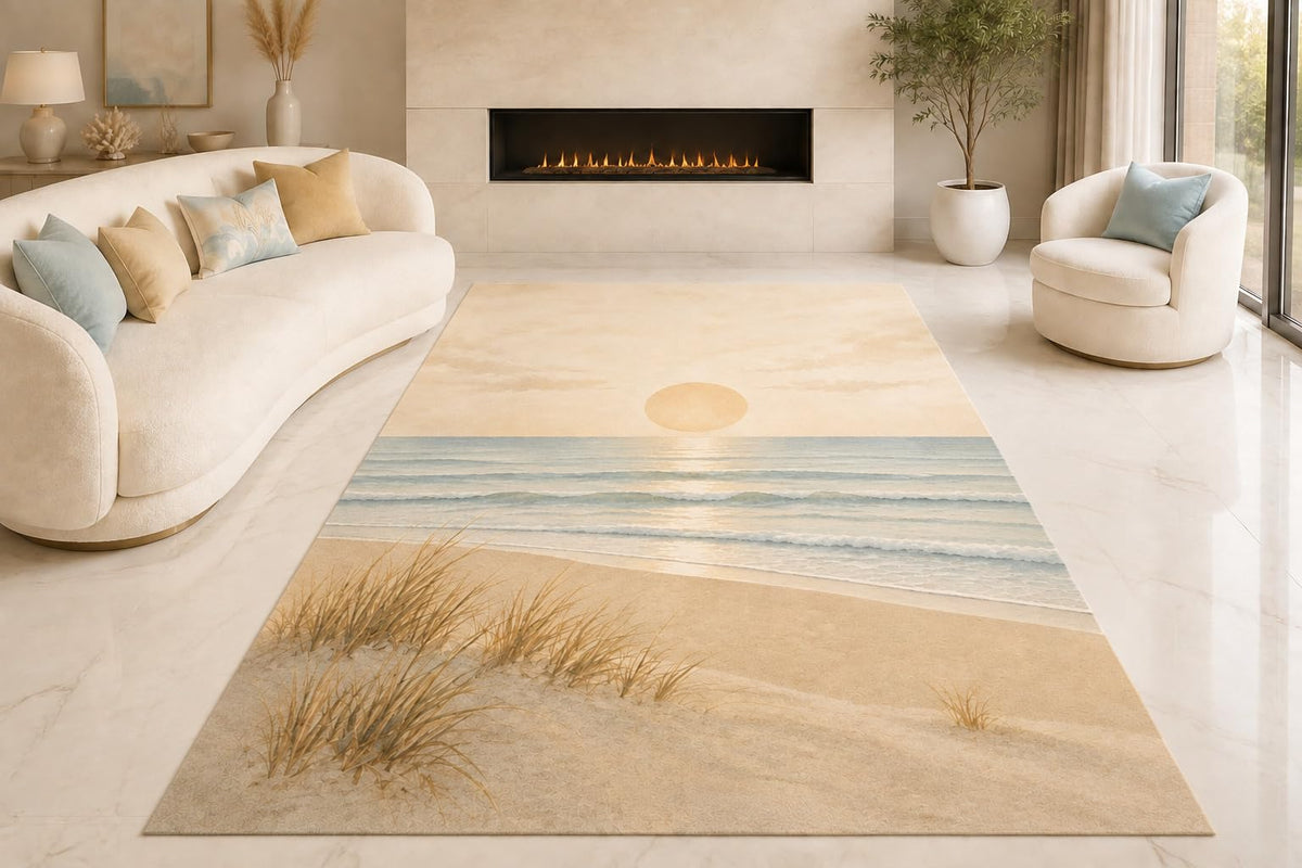ICE ARMOR "Ultra Lightweight Large 6'7" x 9'10" Coastal Grass Horizon Area Rug for Living Room, Bedroom and Home Office, Soft Low Pile Carpet with Non-Slip Silicone Backing, Beige and Blue